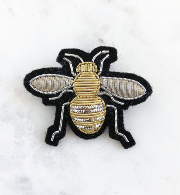 Hand embroidered goldwork bee brooch
