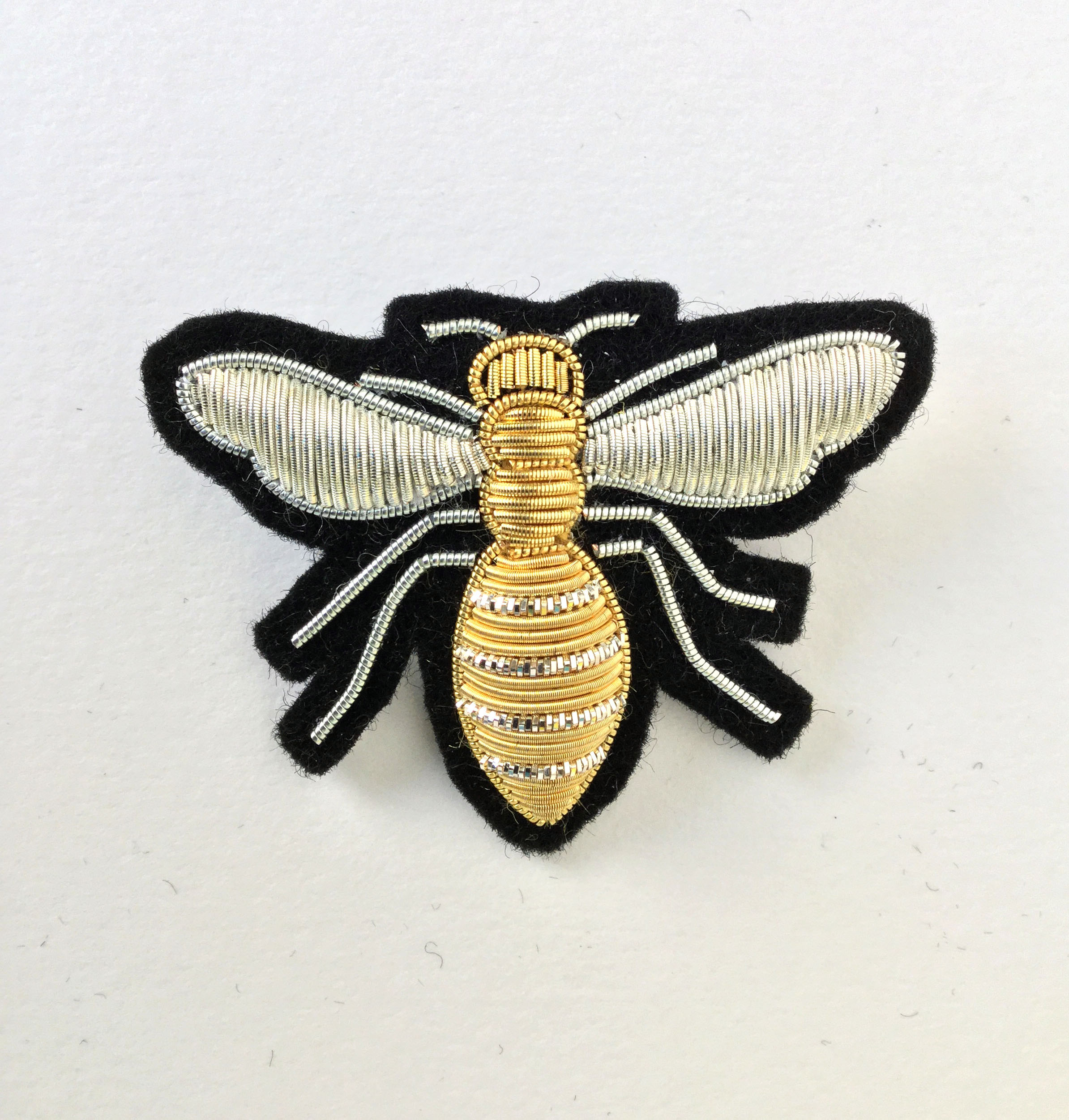 Hand embroidered goldwork bee brooch
